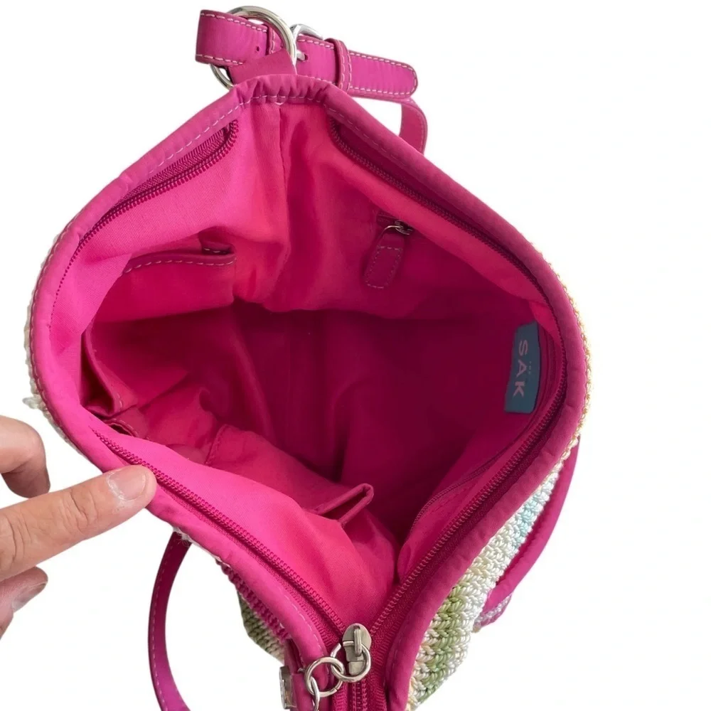 The Sak Rainbow Stripe Crochet Shoulder Bag Pink Trim Adjustable Strap
